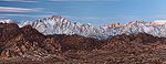 First light hitting Lone Pine Peak and Mt. Whitney above the Alabama Hills outside Lone Pine, CA.