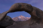 Lone Pine Peak framed by Mobious Arch just before sunrise.  Alabama Hills, CA.